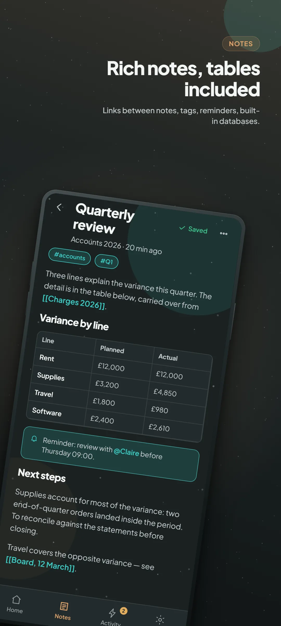 The Filarr Android app: a rich note with a table, tags and a reminder