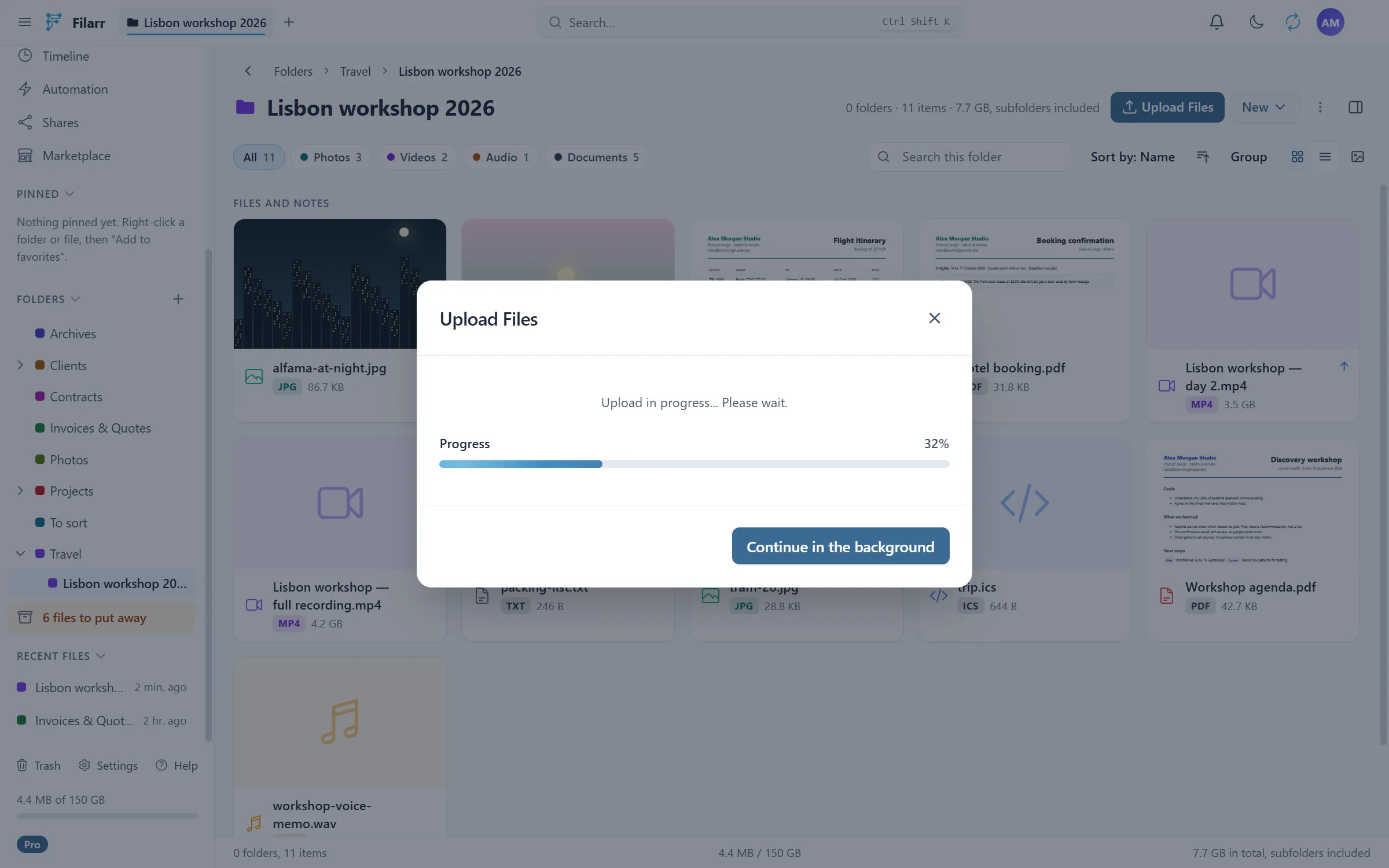 A 4.6 GB video being imported into Filarr, in front of a folder that already holds two multi-gigabyte videos