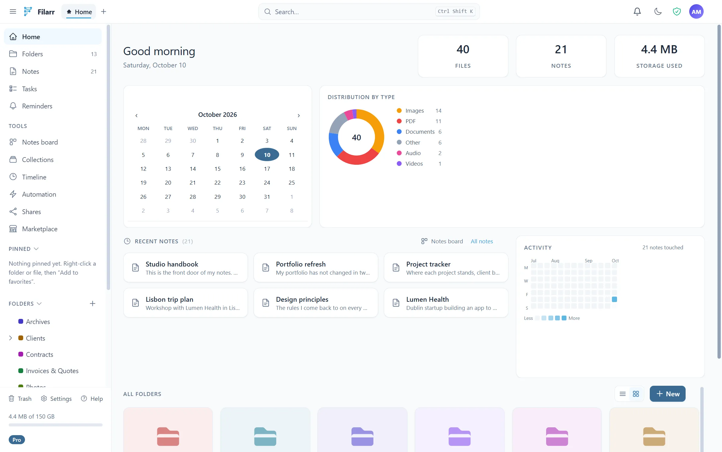 The customizable Filarr home: key numbers, calendar, recent notes, activity and folders