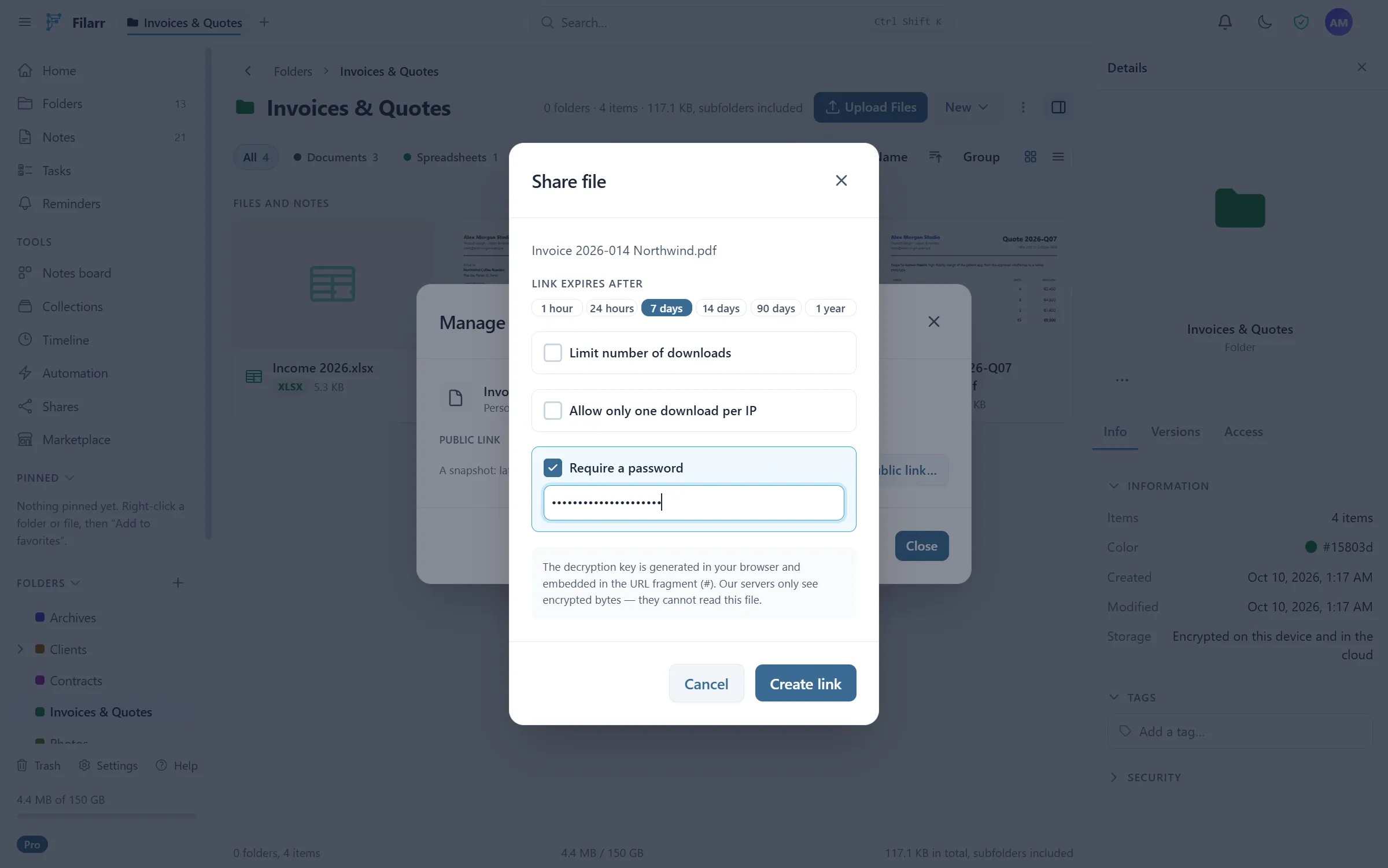 The Filarr file sharing window: expiry, optional password and how the key travels in the link
