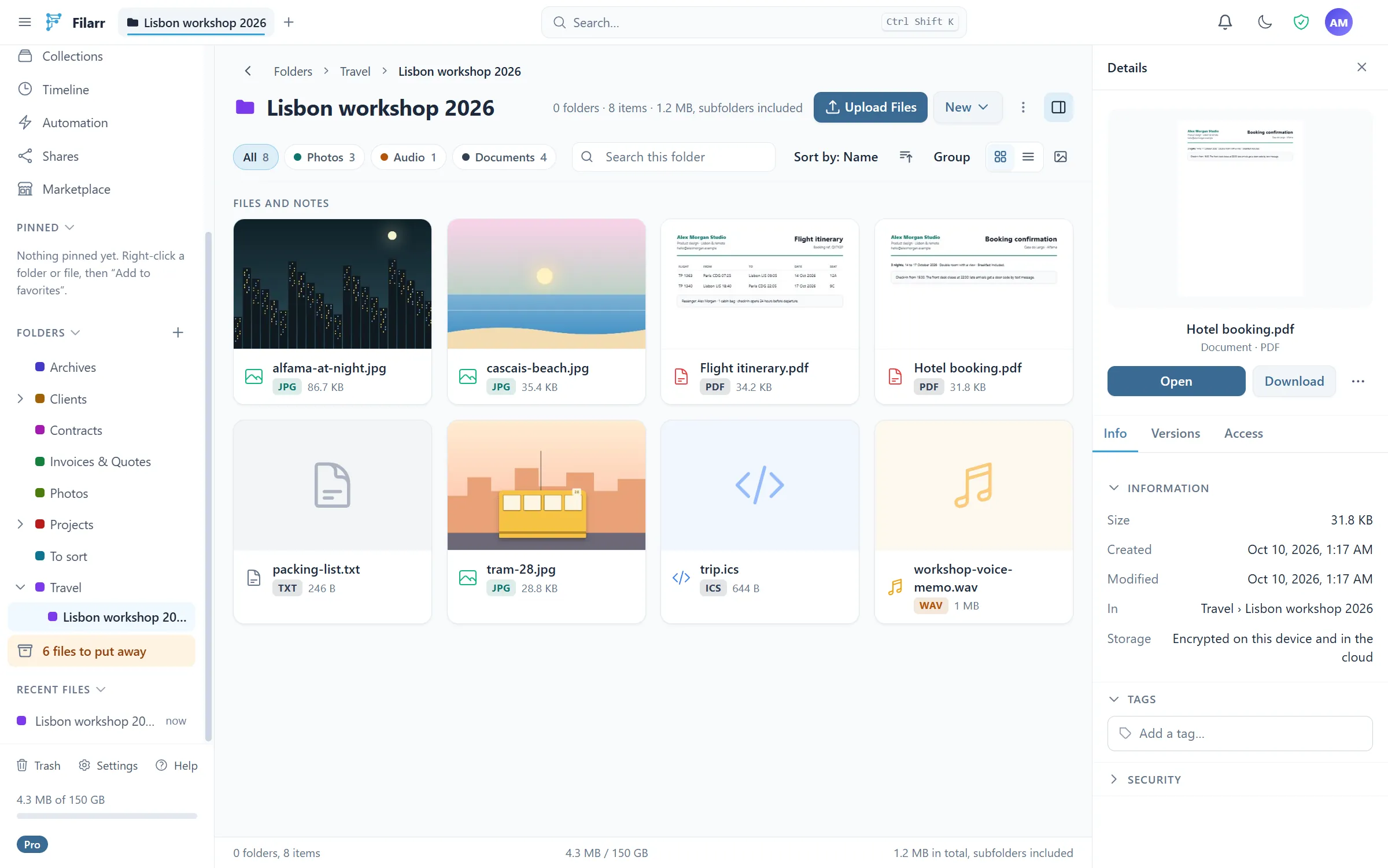 The “Lisbon workshop 2026” folder in Filarr: photos, PDFs, audio and text as thumbnails, with a PDF preview in the inspector