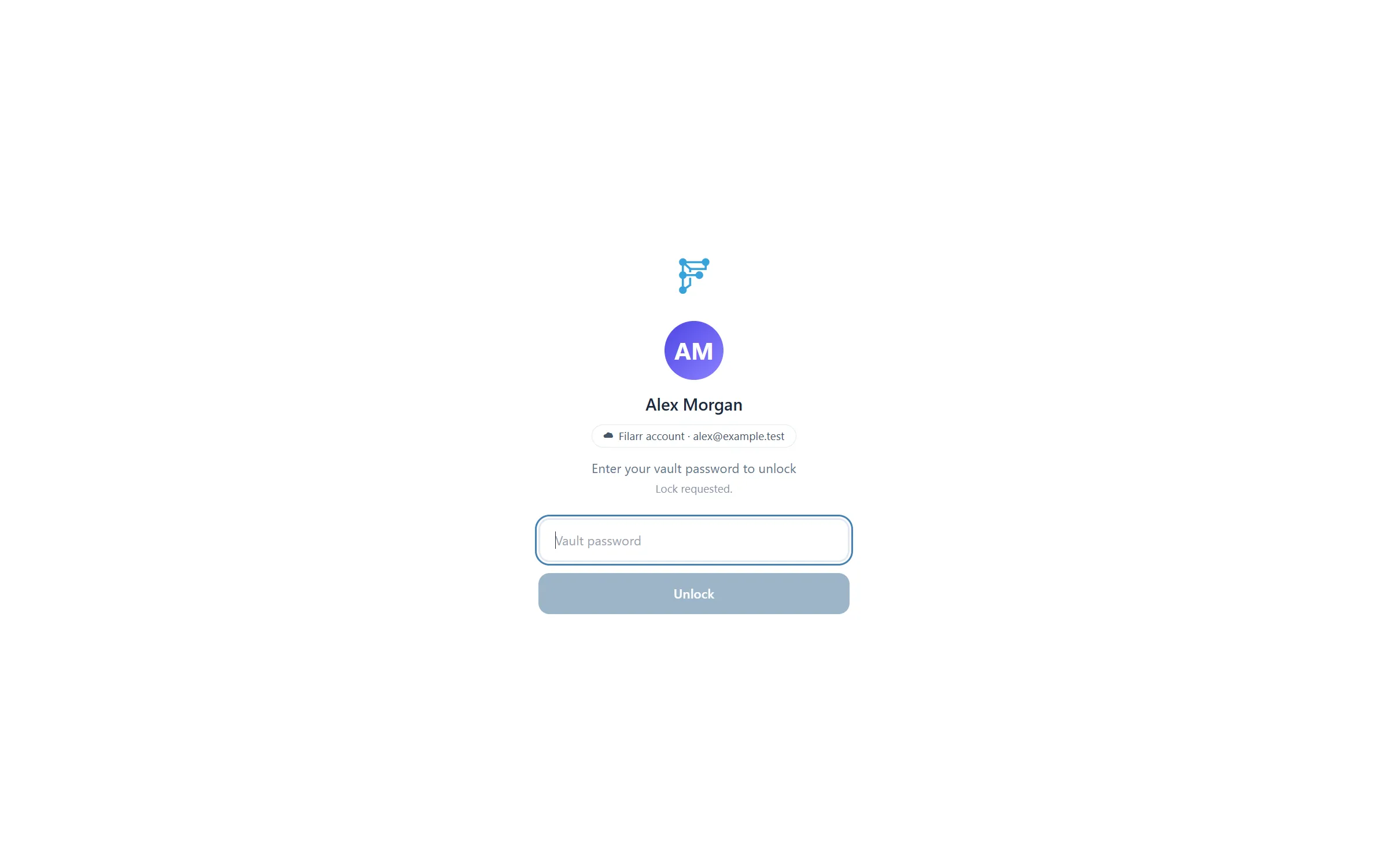 The Filarr vault unlock screen: the profile and the vault password field