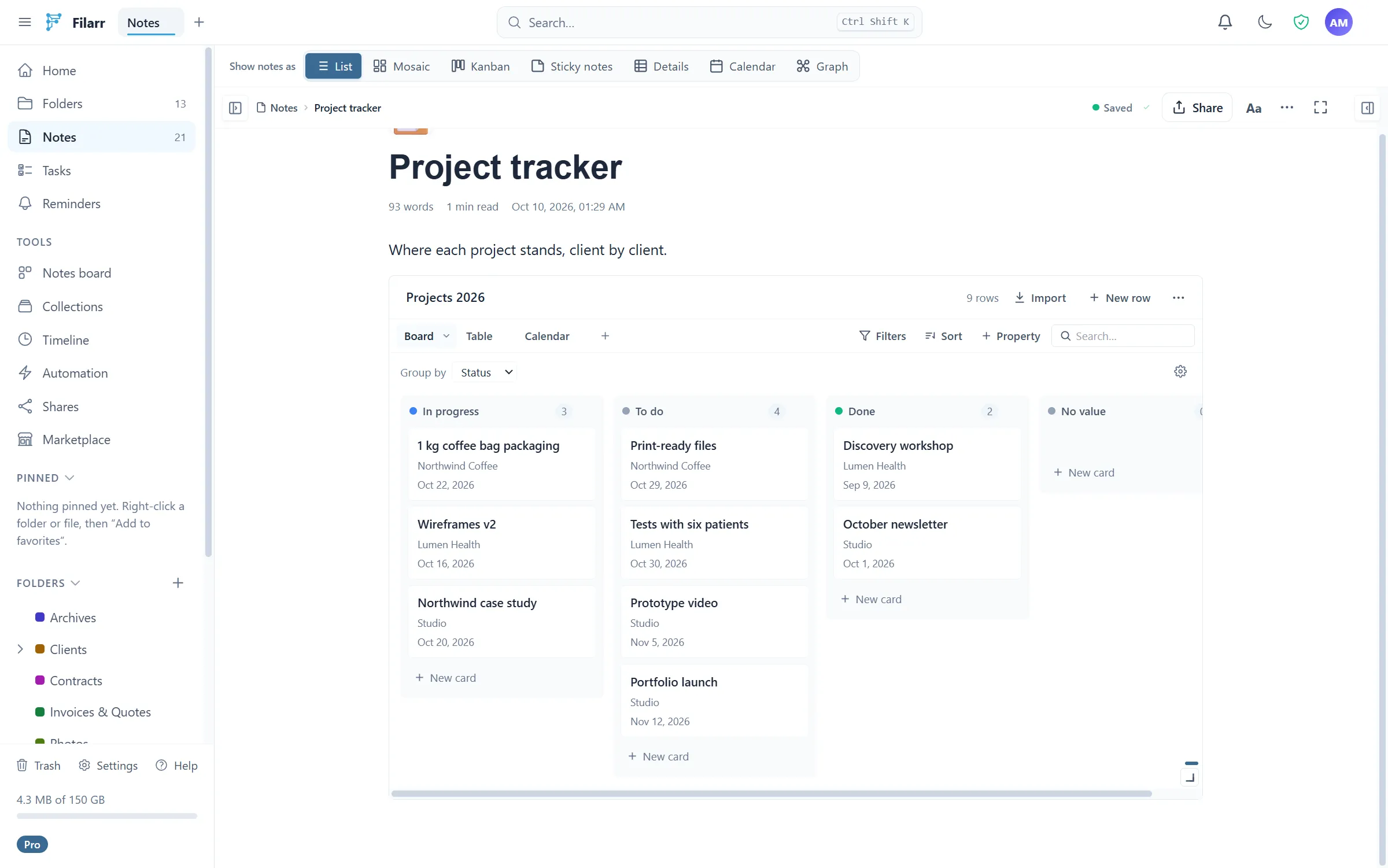 A database inside a Filarr note, in kanban view: projects grouped by status
