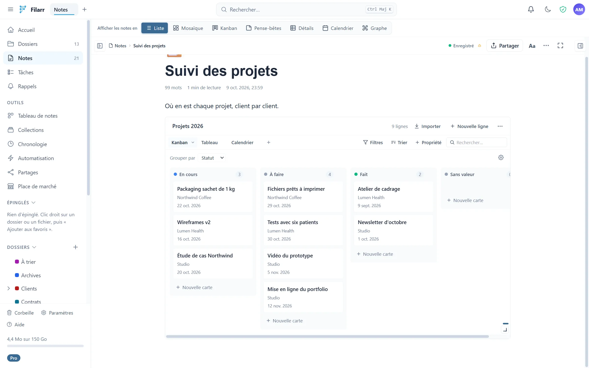 Une base de données dans une note Filarr, en vue kanban : les projets rangés par statut