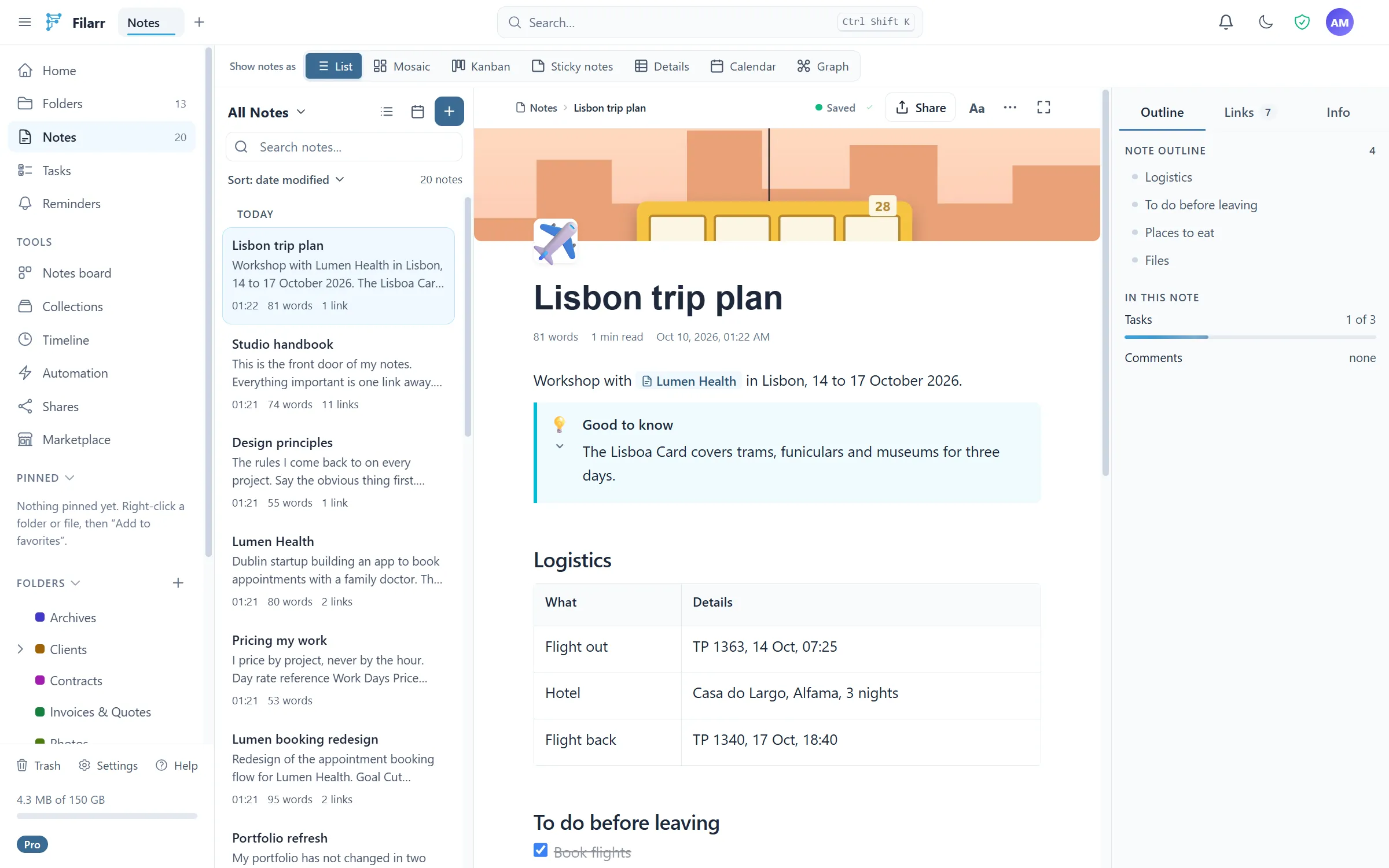 A note in the Filarr editor: cover, icon, link to another note, callout, table and task list, next to the note list and the outline