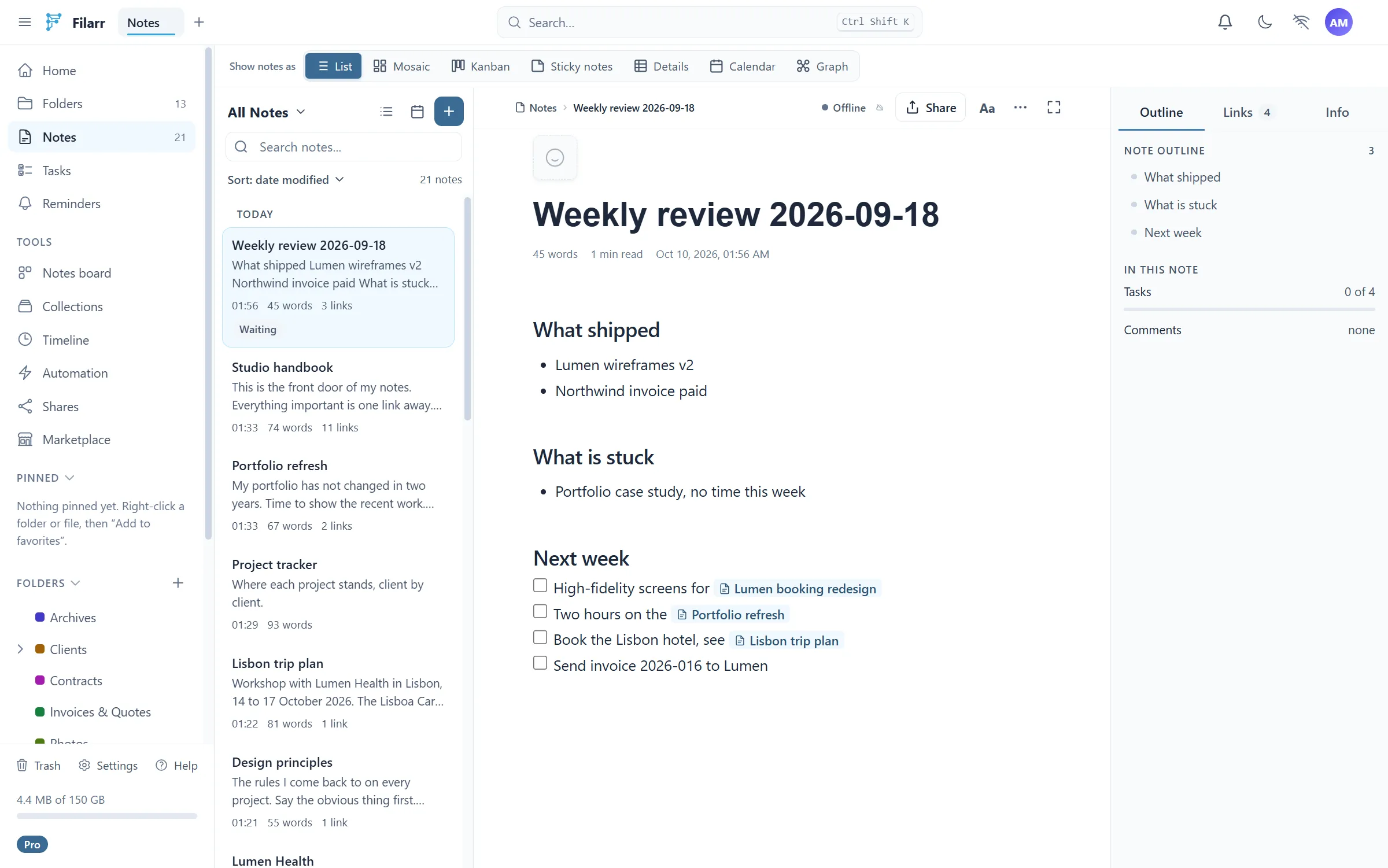 Filarr offline: the crossed-out network indicator, and the edited note marked “Pending” sync