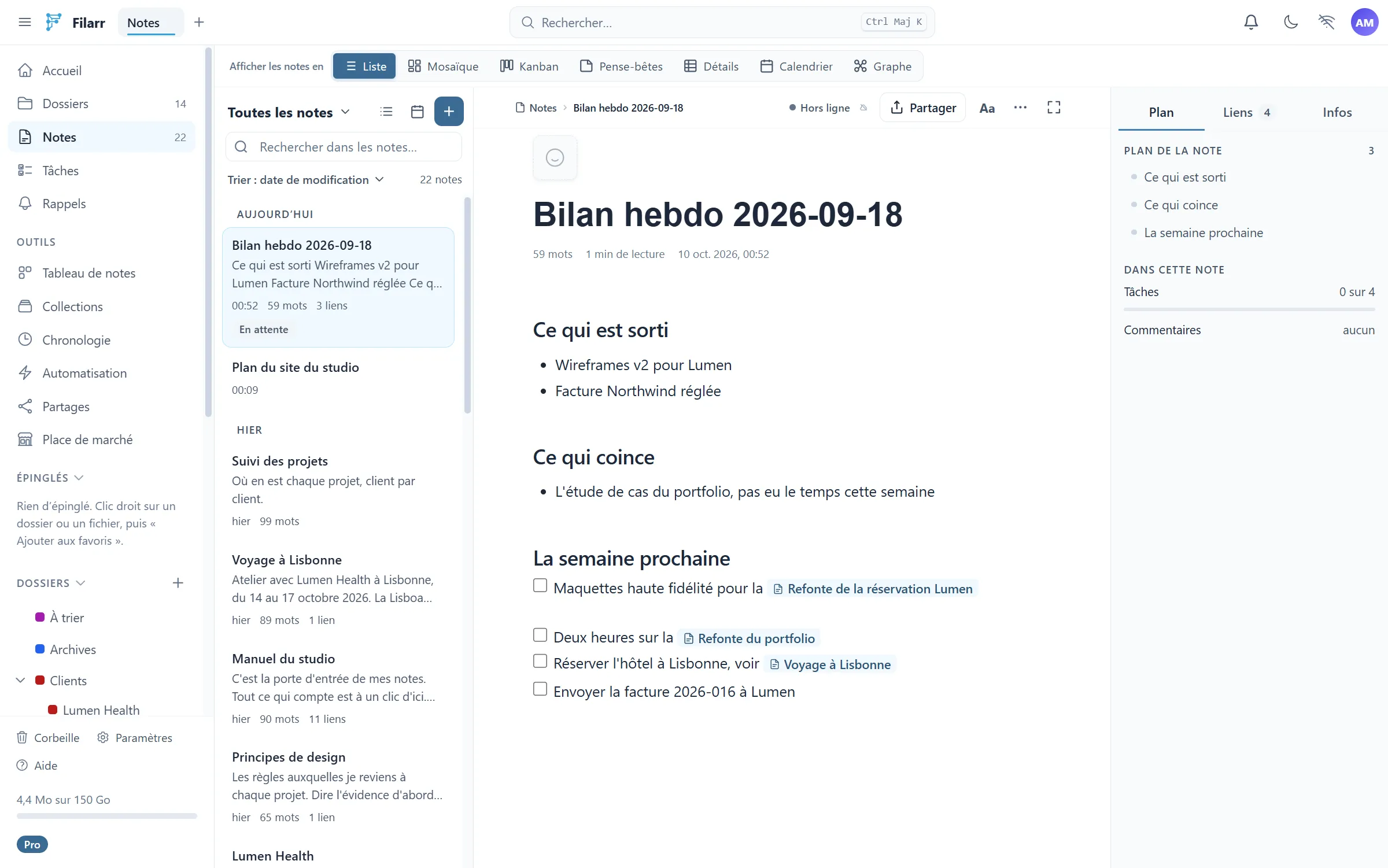 Filarr hors ligne : l’indicateur réseau barré, et la note modifiée marquée « En attente » de synchronisation