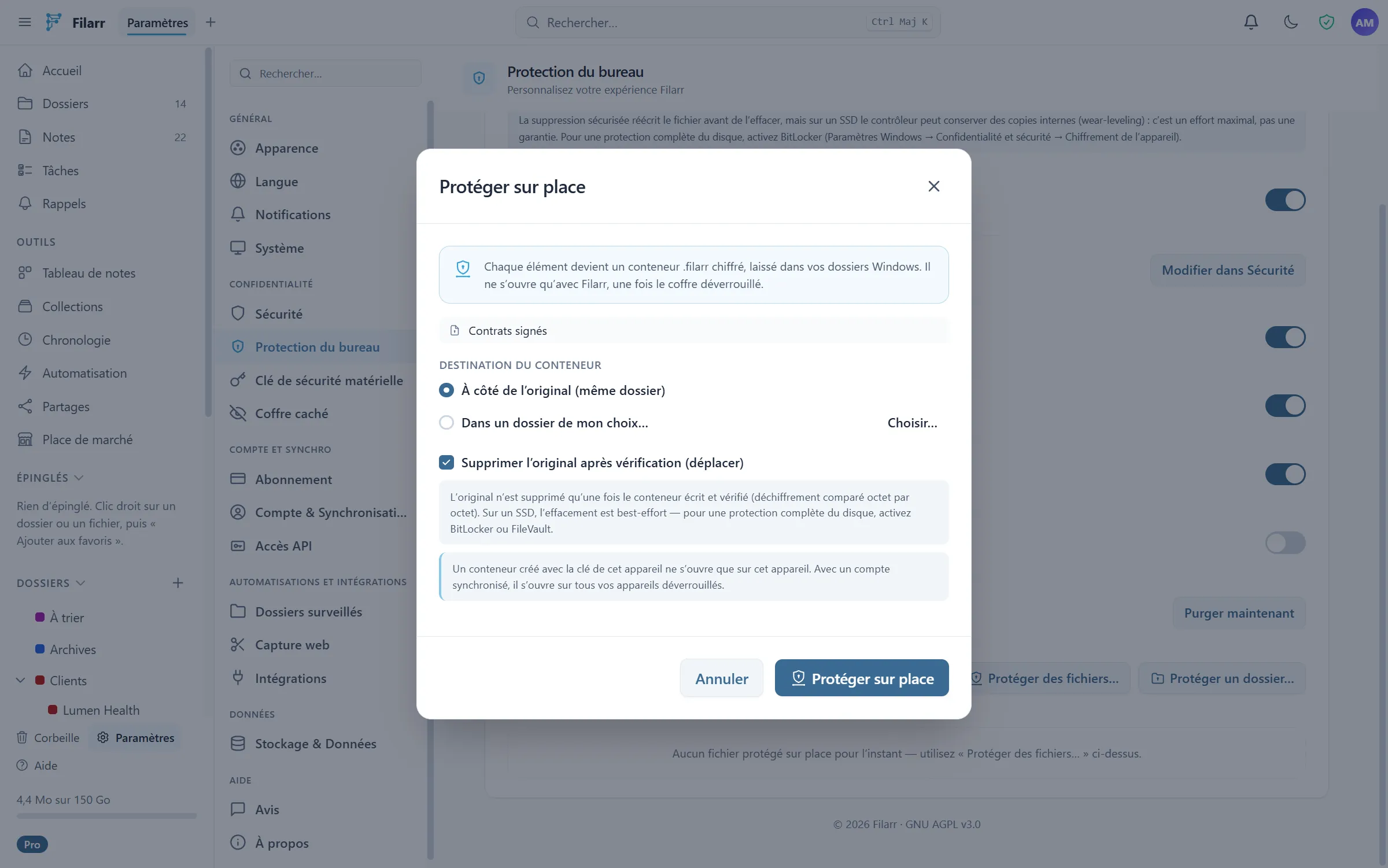 La fenêtre « Protéger sur place » de Filarr sur un dossier du disque : le dossier chiffré à côté de l’original