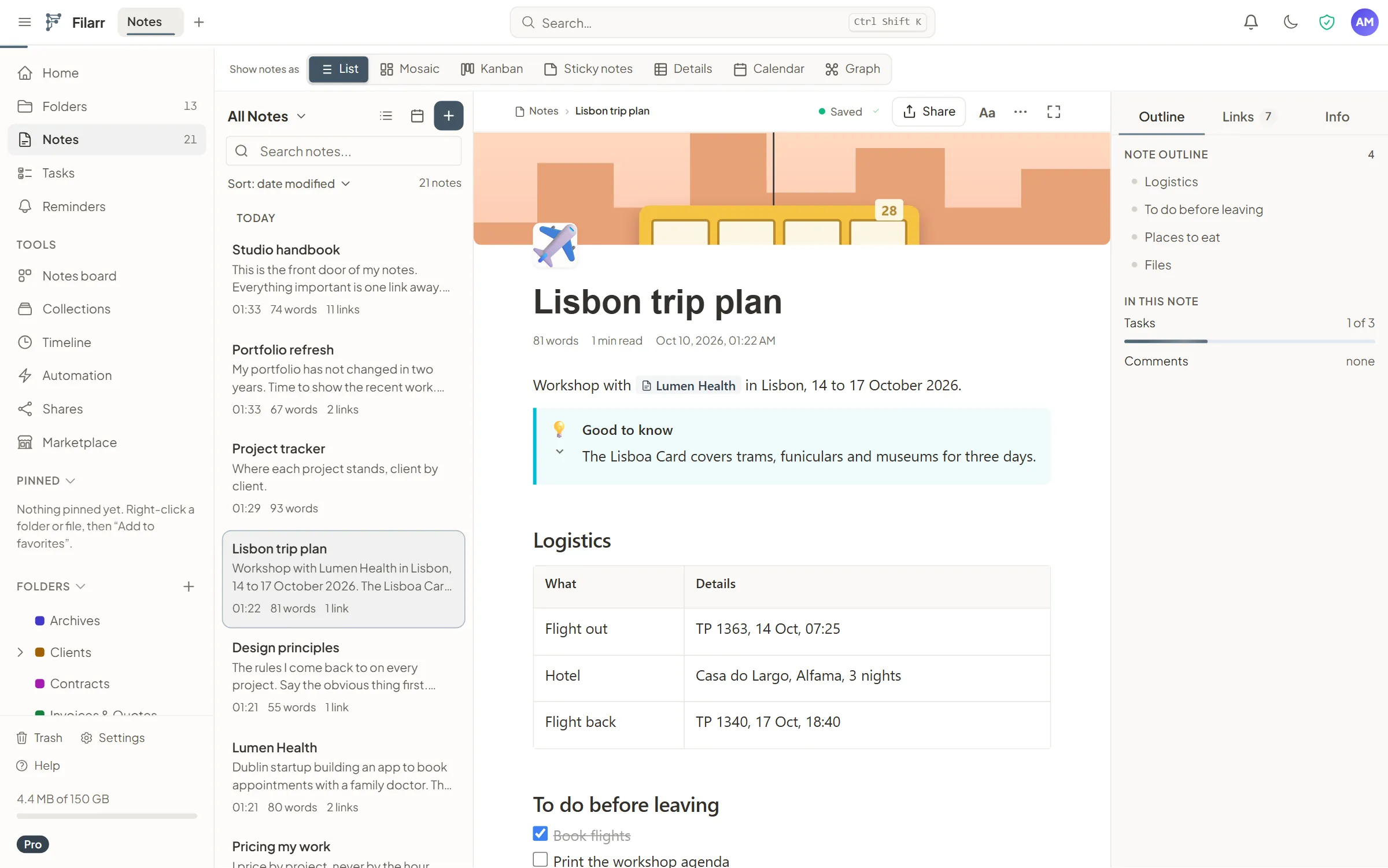 The Filarr web app in a browser: a note synced from the desktop, decrypted in the tab