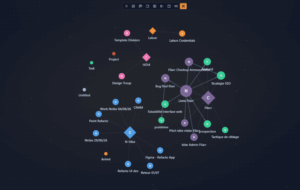 Filarr graph view — notes and files connected with physics simulation