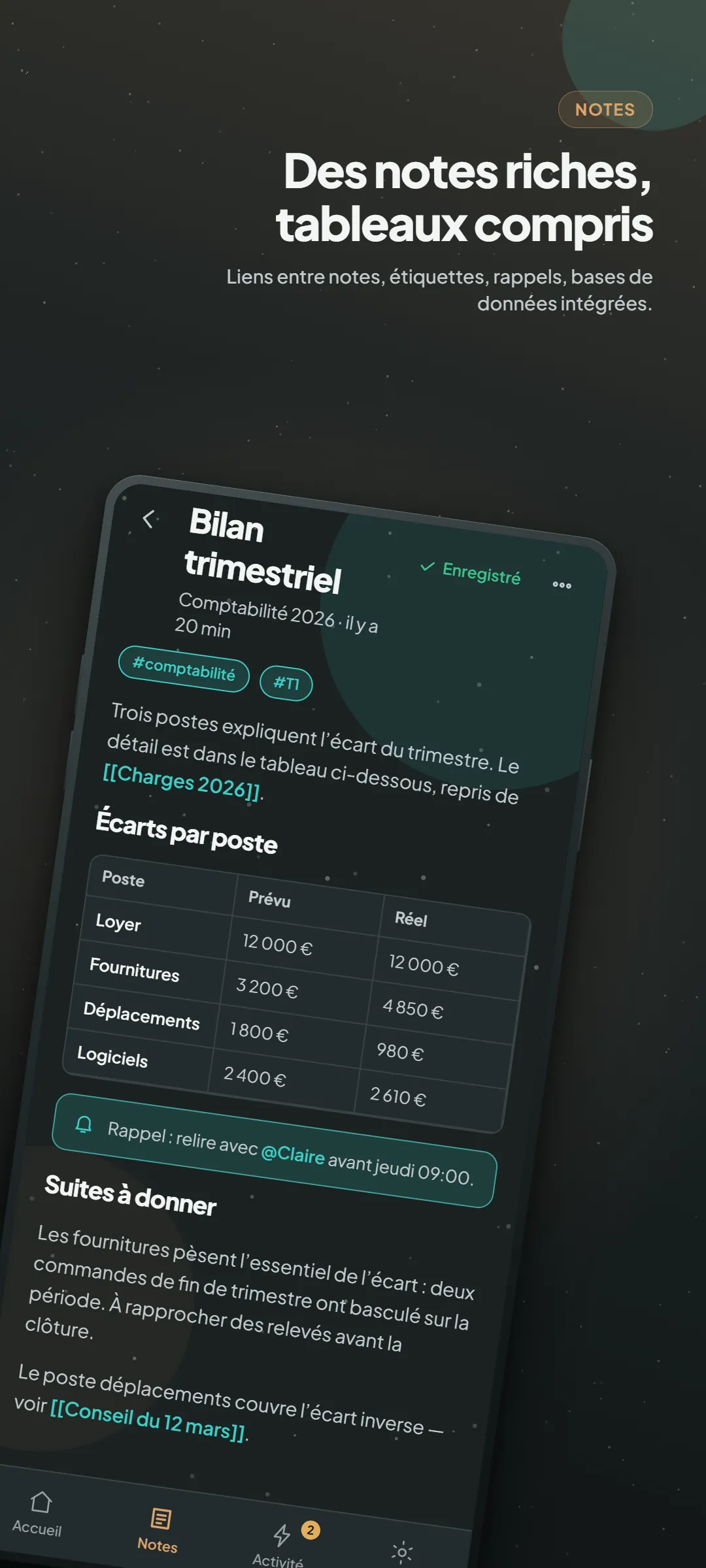 L’application Android de Filarr : une note riche avec un tableau, des étiquettes et un rappel