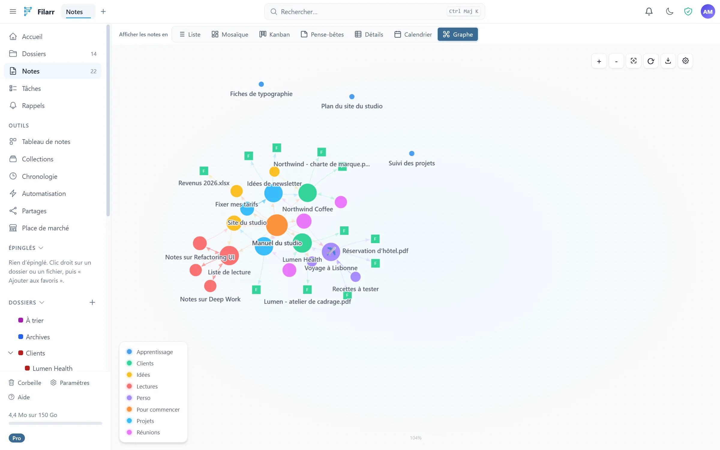 Démonstration de Filarr en 30 secondes : une nouvelle note avec un lien, des tâches et un tableau, un PDF joint depuis un dossier, puis le graphe où la note et le PDF apparaissent reliés