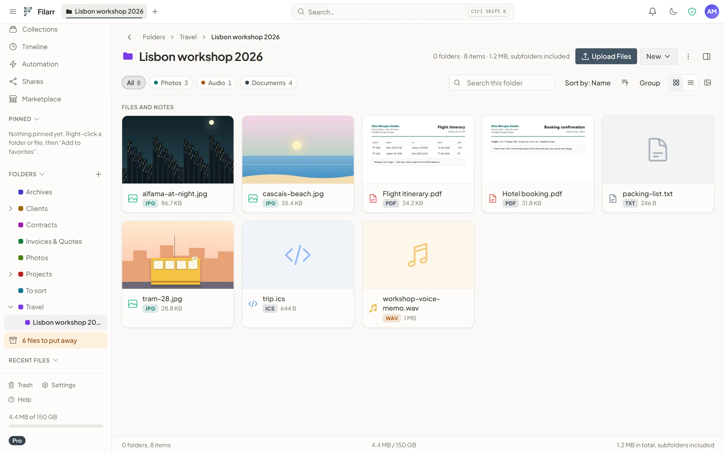 Die Filarr-Web-App: ein Ordner mit Dateien, im Browser entschlüsselt, mit Miniaturansichten