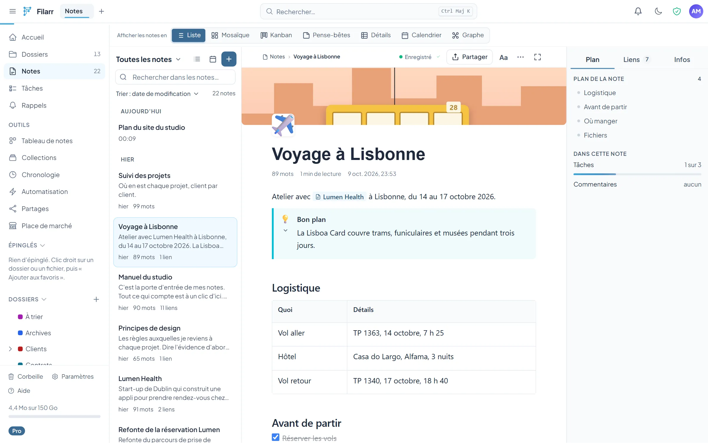 L’application web de Filarr dans le navigateur : une note synchronisée depuis le bureau, déchiffrée dans l’onglet