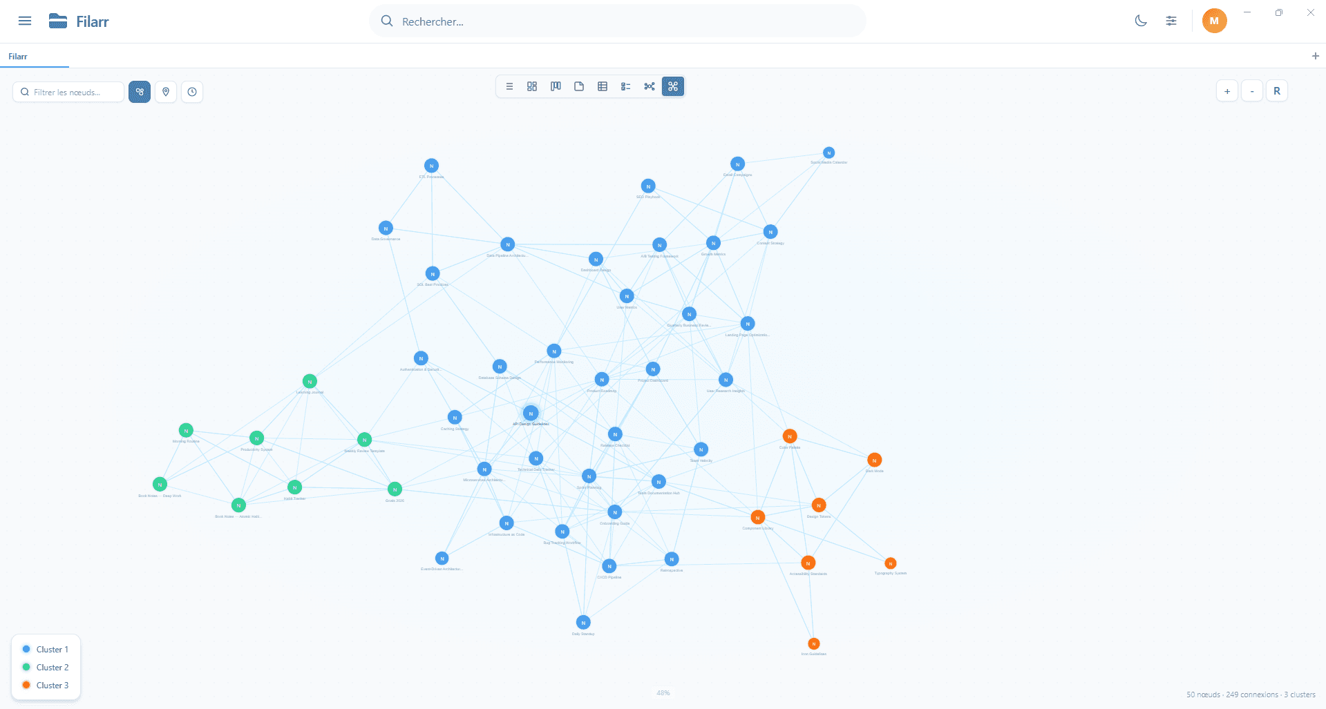 Filarr graph view — notes and files connected with physics simulation