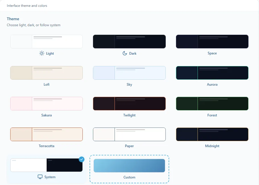 Settings, Appearance: the theme cards Light, Dark, Space, Lofi, Sky, Aurora, Sakura, Twilight, Forest, Terracotta, Paper, Midnight and System, and the dashed Custom card