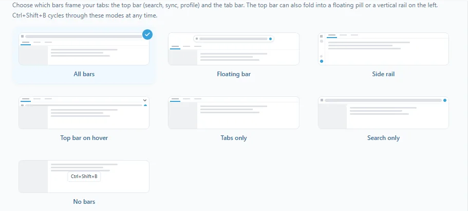 The bar layouts in Settings, Appearance: All bars (selected), Floating bar, Side rail, Top bar on hover, Tabs only, Search only and No bars