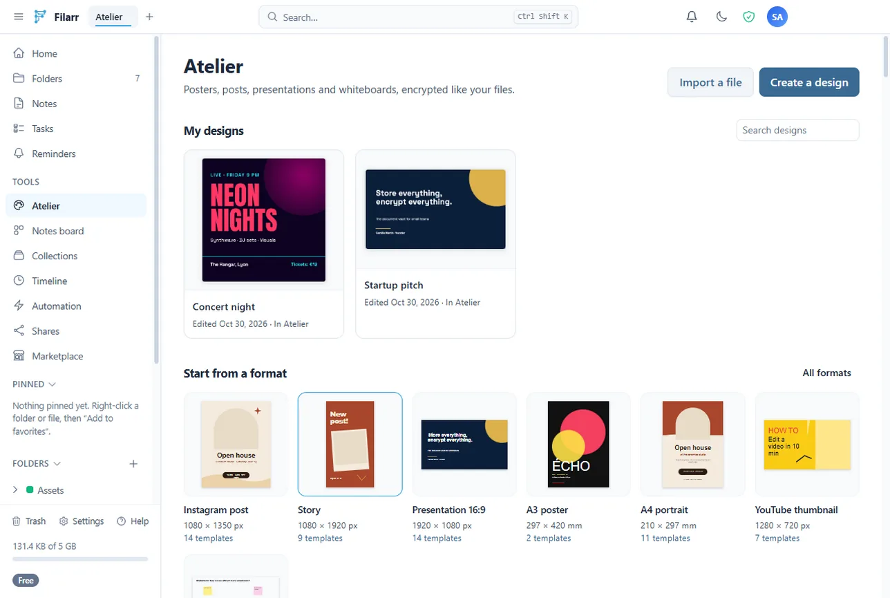 The Atelier page: formats, my designs, my templates and templates