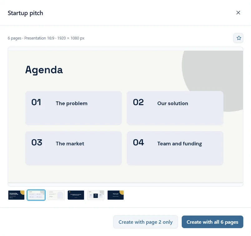 The preview of a presentation template, with its pages