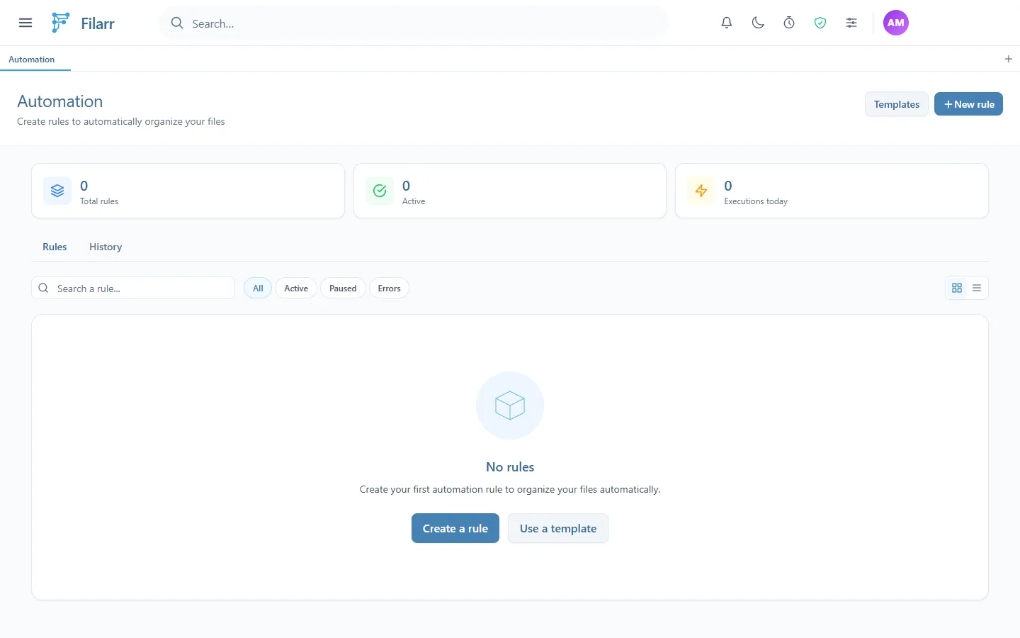 La page Automation vide : les compteurs Total rules, Active et Executions today, les onglets Rules et History, et les boutons Create a rule et Use a template