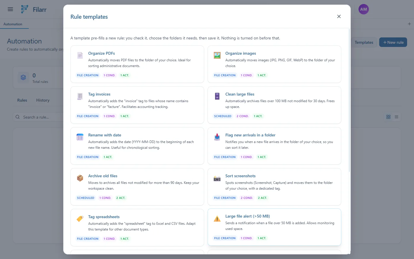 La fenêtre Rule templates : Organize PDFs, Organize images, Tag invoices, Clean large files, Rename with date, Flag new arrivals in a folder et d'autres, chacun avec son déclencheur et son nombre de conditions et d'actions