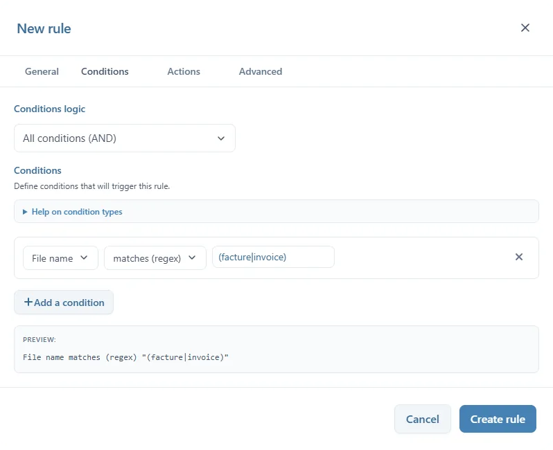 L'onglet Conditions : All conditions (AND), la condition File name matches (regex) (facture|invoice), et la ligne d'aperçu en dessous