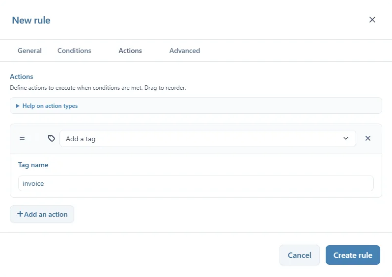 L'onglet Actions : l'action Add a tag avec le nom de tag invoice, et le bouton Add an action