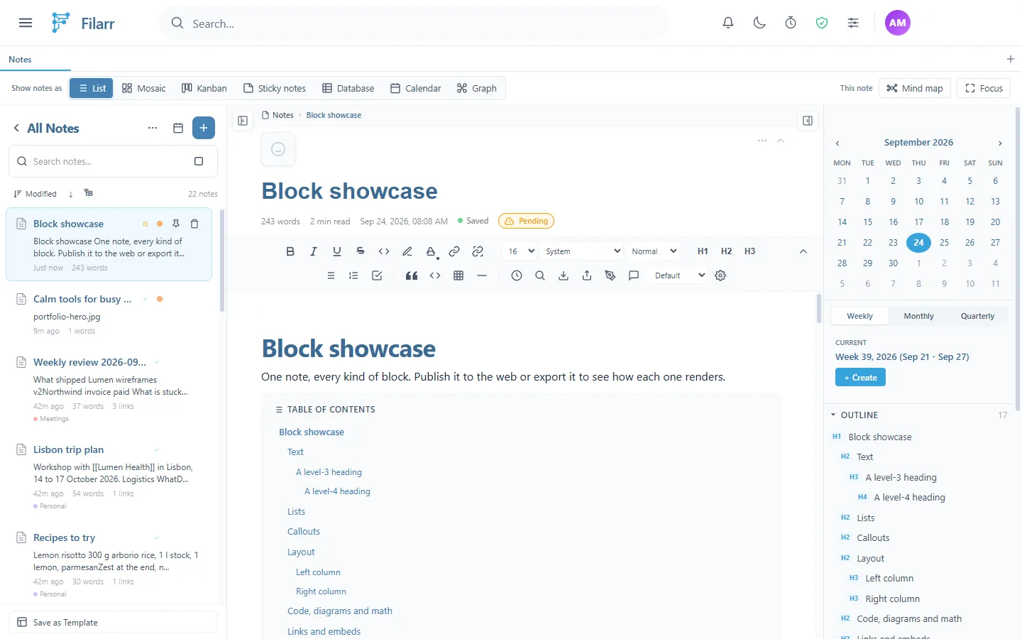 A note made from the Block showcase template: its title, the sentence "One note, every kind of block", and a table of contents listing Text, Lists, Callouts, Layout, Code, diagrams and math, Links and embeds