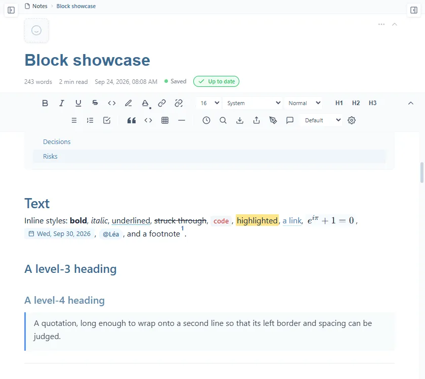 The Text section of the showcase: bold, italic, underlined, struck through, code, highlighted, a link, a formula, a date, a mention and a footnote, then level 3 and level 4 headings and a quotation