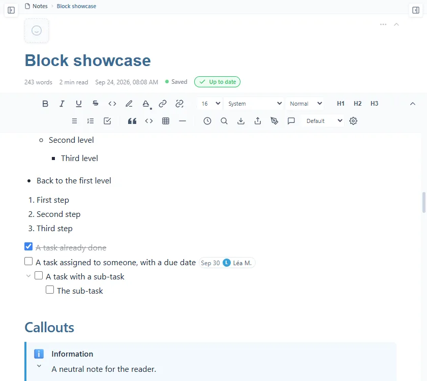 Lists on three levels, a numbered list, a task already done, a task with a date and a person, and a task with a sub-task, then the start of the Callouts section