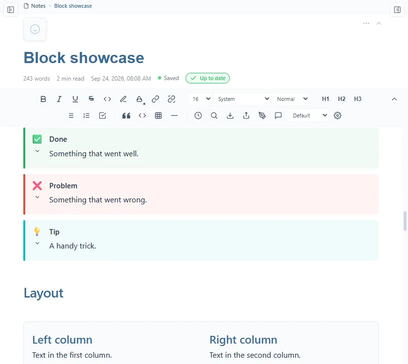 Three callouts (Done, Problem, Tip) in green, red and teal, then a Layout section with two columns side by side, "Left column" and "Right column"