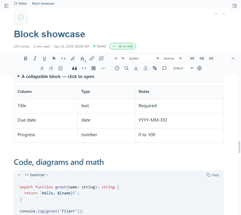 A collapsible block closed on its first line, a table with Column, Type and Notes as headers, then a TypeScript code block with its Copy button