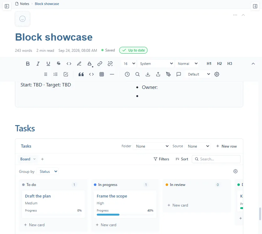 A database of tasks shown as a board, grouped by Status, with the To do, In progress and In review columns and their cards