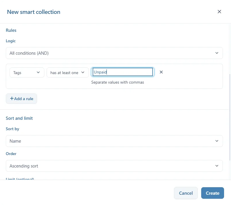 Une collection intelligente nommée Unpaid invoices : la règle Tags, has at least one, Unpaid, puis la section Sort and limit