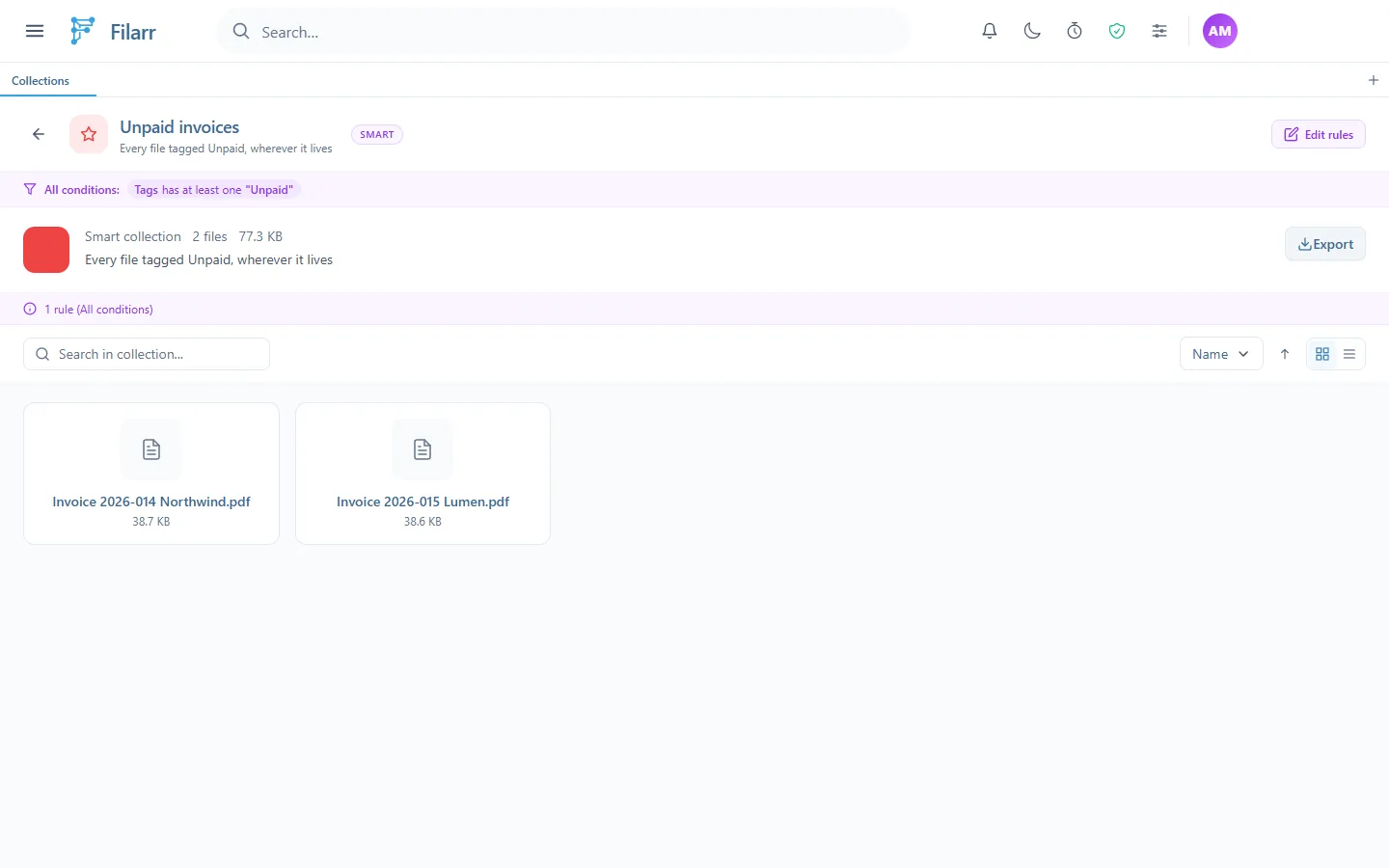 La collection Unpaid invoices avec le badge SMART, la règle Tags has at least one « Unpaid », 2 fichiers pour 77,3 Ko, et les deux factures