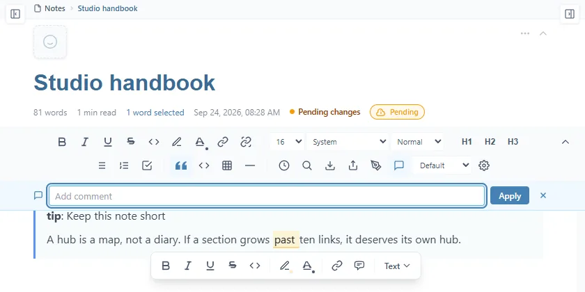 The word "past" selected in the text, the bubble below it, and the Add comment bar above the text with the Apply button