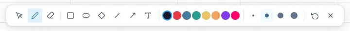 The drawing bar of Drawing Mode: select, pen, eraser, rectangle, ellipse, diamond, line, arrow and text, the colors, the stroke widths, then undo and the cross of Clear all