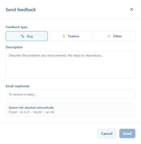 La fenêtre Send feedback : les types Bug, Feature et Other, le champ Description, Email (optional), et l'encadré System info attached automatically avec la version, le système et la langue