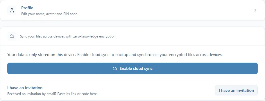 Paramètres, Compte et synchronisation sur un profil local : la phrase qui dit que vos données ne sont que sur cet appareil, le bouton Enable cloud sync, et I have an invitation