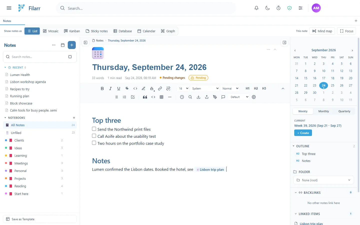 La note du jour « Thursday, September 24, 2026 » avec une icône de calendrier : un titre Top three avec trois tâches, et un titre Notes avec une phrase et un lien vers « Lisbon trip plan »