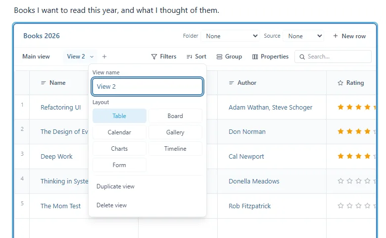 Le menu d'une vue : View name, les sept affichages Table, Board, Calendar, Gallery, Charts, Timeline et Form, puis Duplicate view et Delete view
