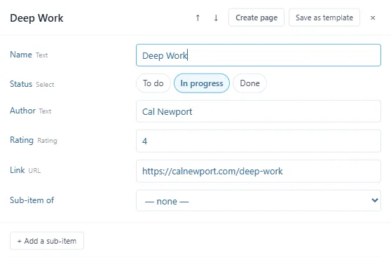 Une ligne ouverte en fiche : Name, Status, Author, Rating et Link, puis Sub-item of et Add a sub-item, avec Create page et Save as template en haut