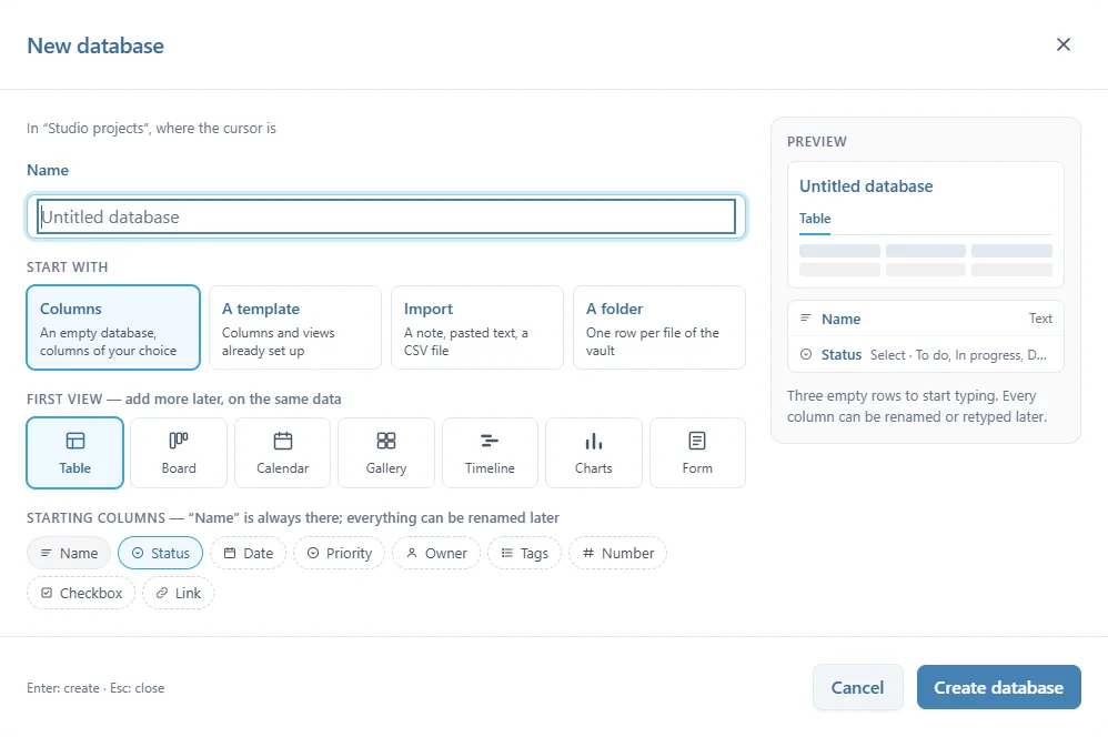 The New database panel: the Name field, Start with (Columns, A template, Import, A folder), First view (Table, Board, Calendar, Gallery, Timeline, Charts, Form), the starting columns, and the Preview on the right