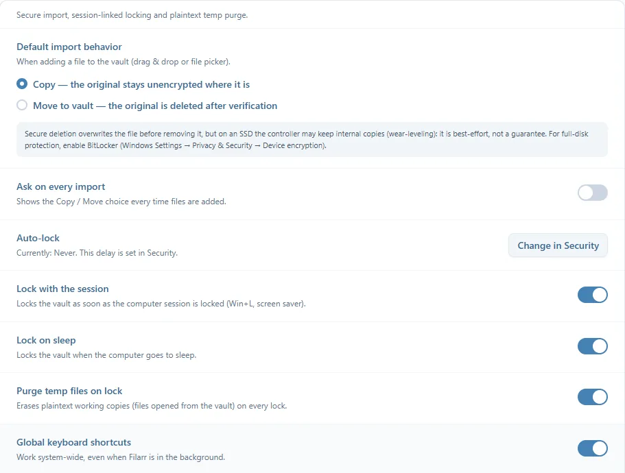 Settings, Desktop protection: Default import behavior (Copy or Move to vault) with the note on secure deletion, Ask on every import, Auto-lock, Lock with the session, Lock on sleep, Purge temp files on lock and Global keyboard shortcuts