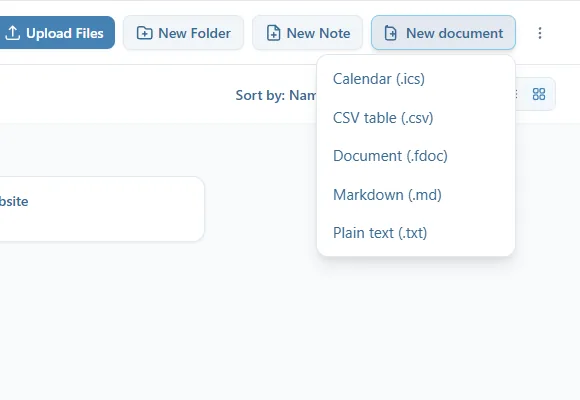 The New document menu open: Calendar (.ics), CSV table (.csv), Document (.fdoc), Markdown (.md), Plain text (.txt)