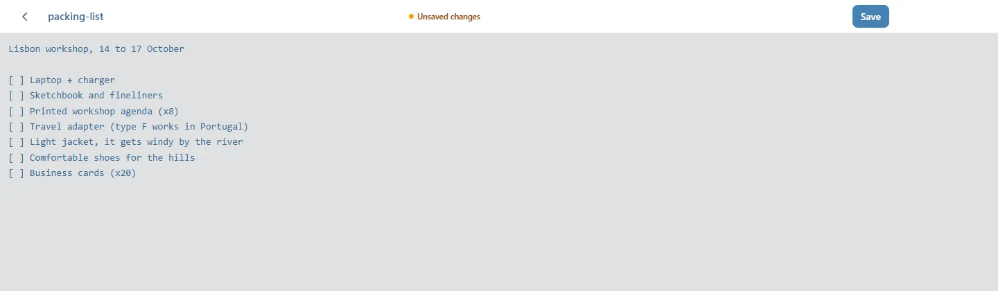 The text editor on packing-list with the state Unsaved changes and the Save button