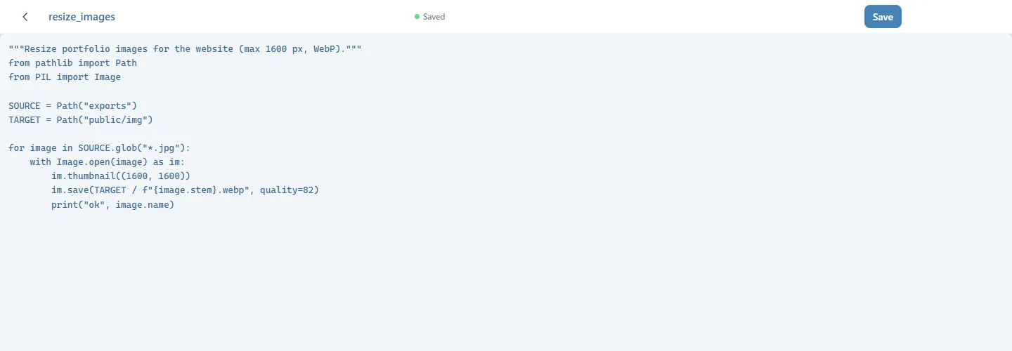 The code editor on resize_images, a Python script, with the state Saved