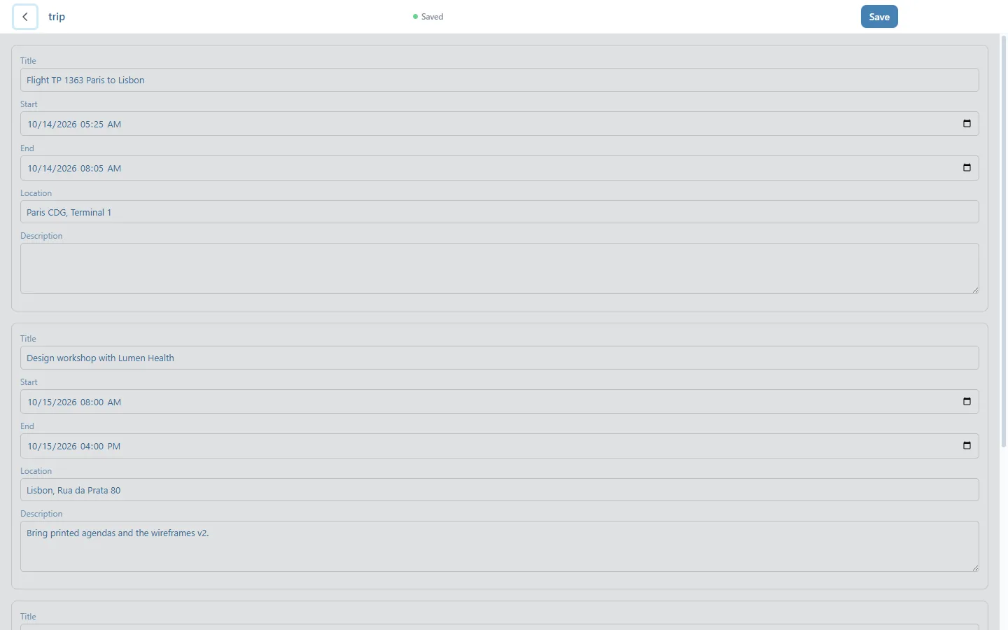 The calendar editor on trip.ics: two events shown as forms, with title, start, end, location and description