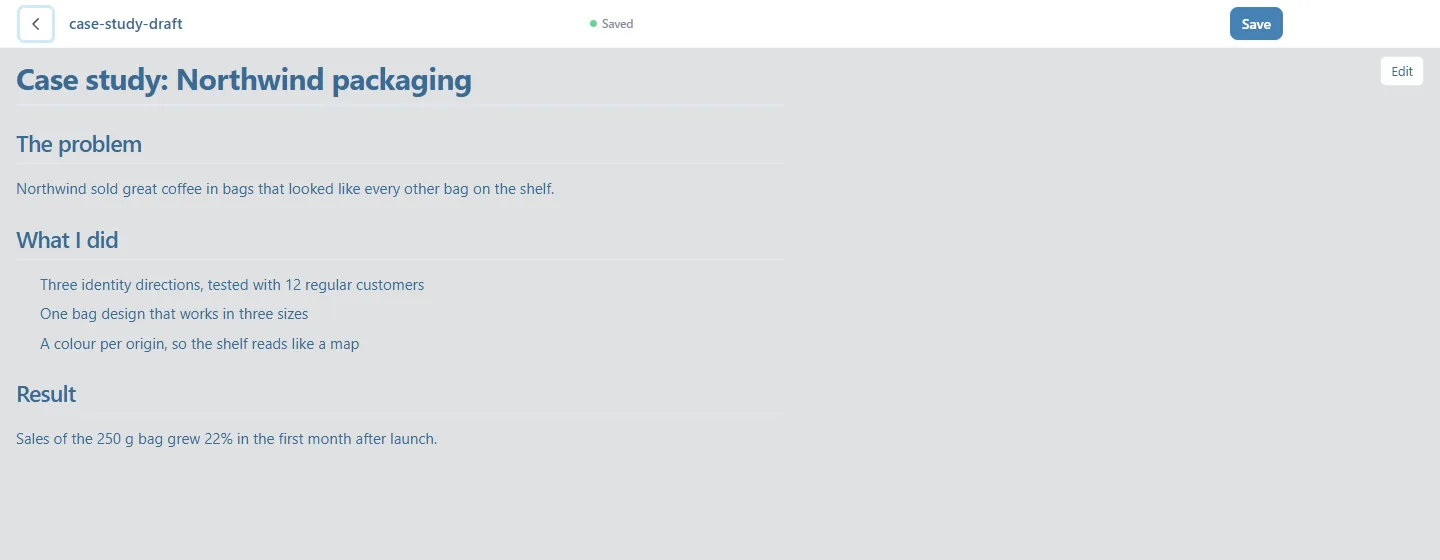 A Markdown file, case-study-draft, shown as a formatted page with the Edit button at the top right