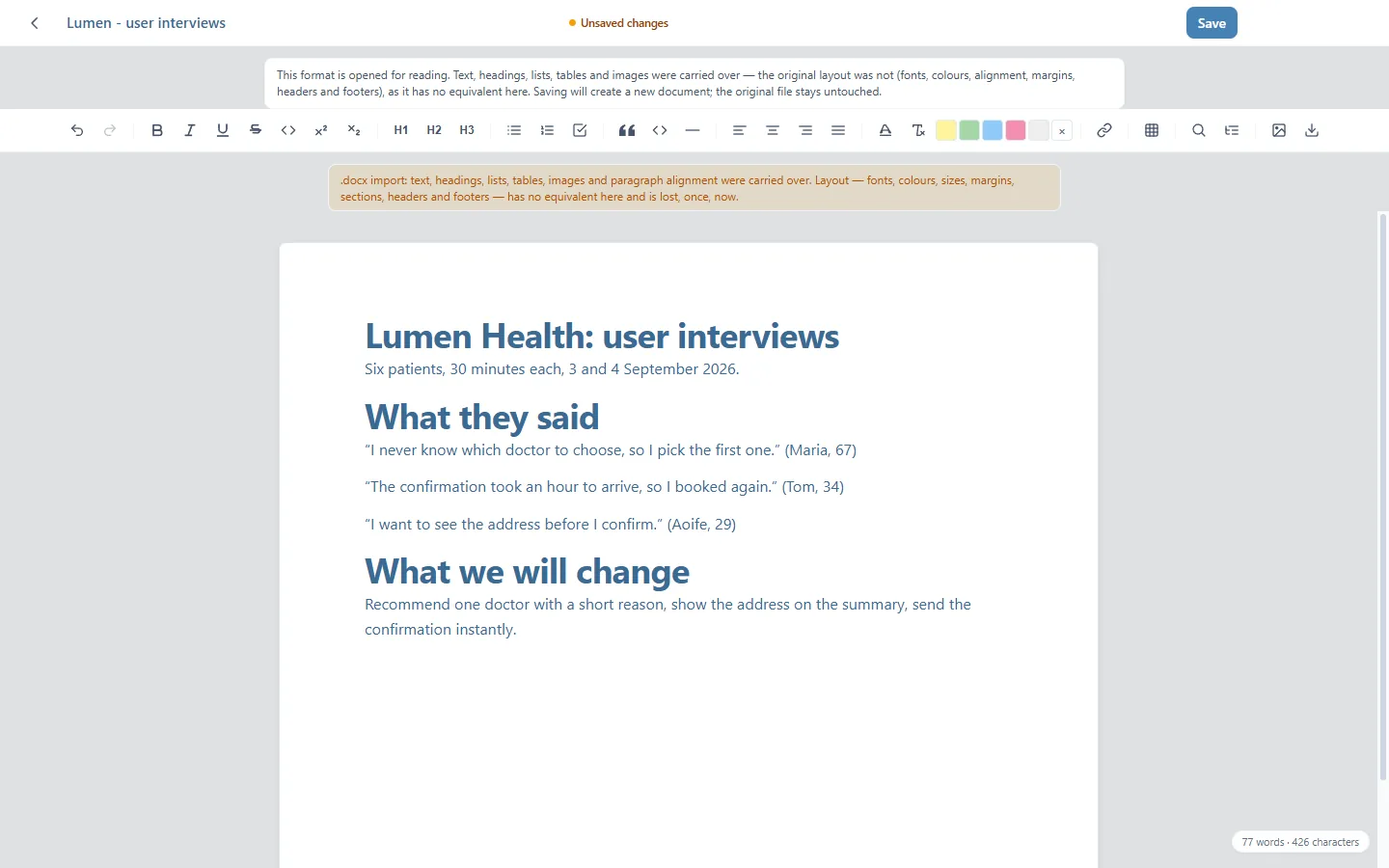 A Word file opened with Edit document: the banner explaining that the original layout is not carried over, the formatting toolbar and the text of the document